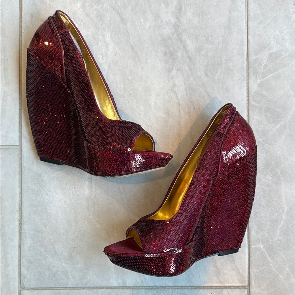 Elegant Burgundy Sequin Wedge Heels by Report Signature